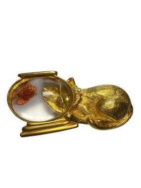 Vintage JJ Jonette Gold Toned Jelly Belly Cat with Fish Bowl Brooch